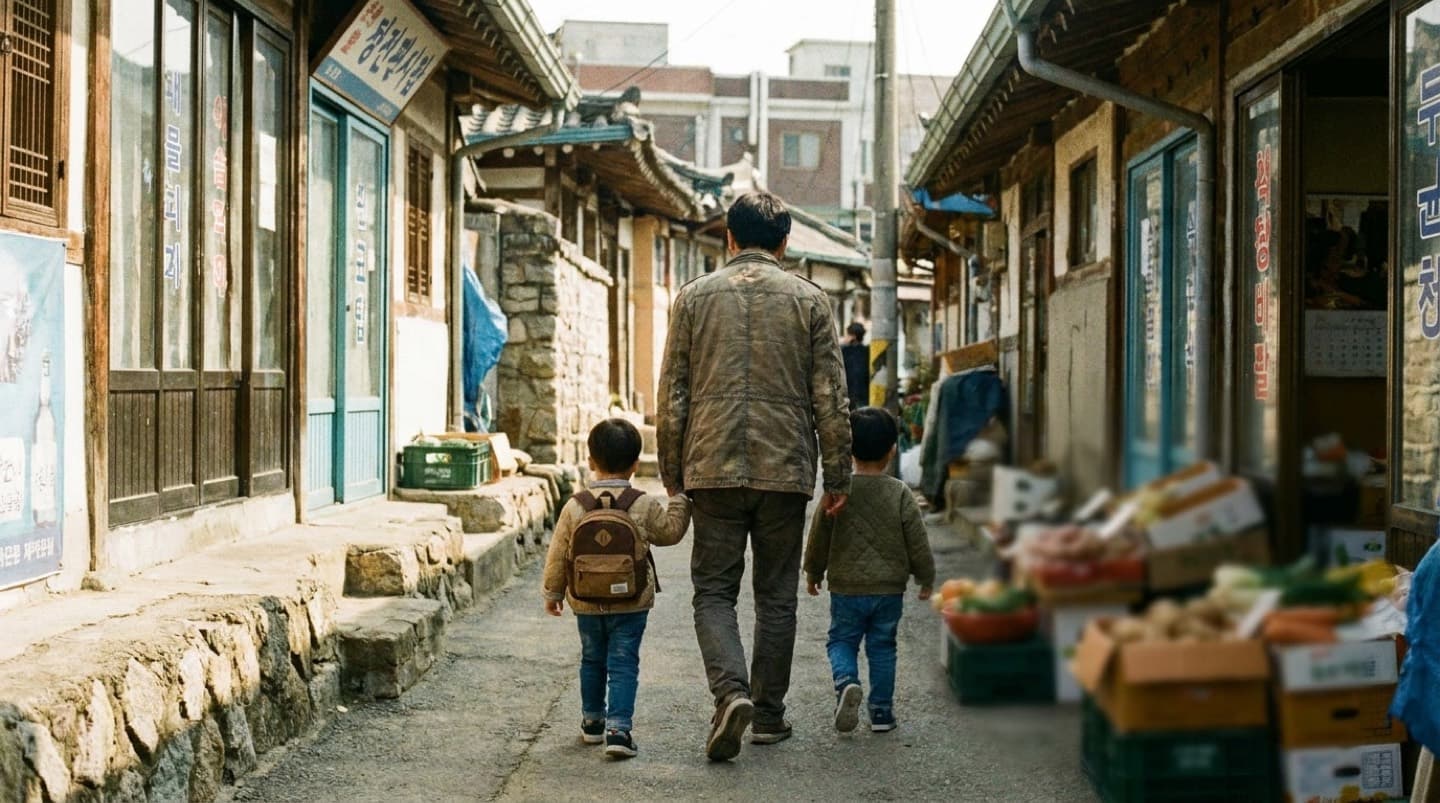 부모와 아이가 재래시장 골목을 걷는 모습